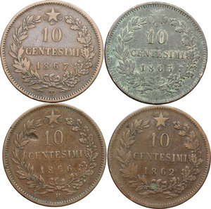 reverse: Vittorio Emanuele II  (1861-1878).. Lotto di 4 monete da 10 centesimi (1862, 1863, 1866, 1867),