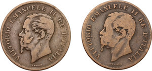 obverse: Vittorio Emanuele II  (1861-1878).. Lotto di 2 monete da 5 centesimi (1861, 1862)