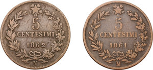 reverse: Vittorio Emanuele II  (1861-1878).. Lotto di 2 monete da 5 centesimi (1861, 1862)