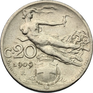 reverse: Vittorio Emanuele III (1900-1943). 20 centesimi 1909