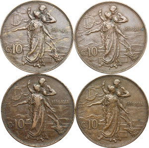 reverse: Vittorio Emanuele III (1900-1943). Lotto di 3 monete da 10 centesimi 1911