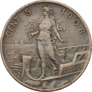 reverse: Vittorio Emanuele III (1900-1943). 5 centesimi 1908