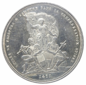 reverse: Estere. Svizzera-Friburgo. 5 franchi 1881 Tiri Federali. KM S15. AG. Segnetti da contatto. SPL.