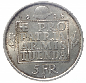 reverse: Svizzera. Confederazione. 5 franchi 1936. Divo-Tobler 329. AG. qFDC.^^^