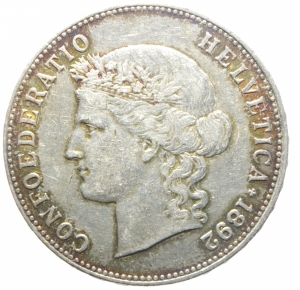 obverse: Estere.Svizzera. 5 franchi 1892. AG.Berna .Peso 24,90 gr. qSPL.>>>