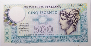 obverse: Cartamoneta. Repubblica Italiana. 500 Lire Mercurio. Ottima Conservazione.FDS