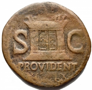 obverse: Impero Romano - Augustus. 27 a.C - 14 d.C. Dupondius, issued by Tiberius. AE. D / Head radiated to the left. R / PROVIDENT SC. Altar. RIC (Tib.) 81. Weight gr. 9.01. Diameter mm 29.6. aVF