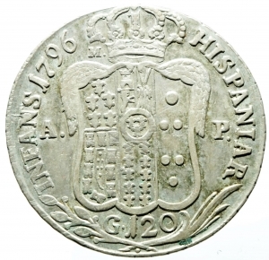 reverse: Zecche Italiane. Napoli. Ferdinando IV (I periodo 1759-1799). 120 grana o piastra 1796. AR. MIR 373/1. P.R. 62. BB.