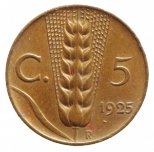 obverse: Casa Savoia. Vittorio Emanuele III. 5 Centesimi 1925. Peso 3,25 gr. Diametro 19,50 mm. qFDC\SPL