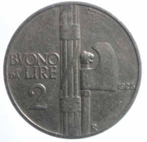 obverse: Casa Savoia. Vittorio Emanuele III. 1900-1946. Buono da 2 lire 1926 fascio. Gig 108. qBB. R.