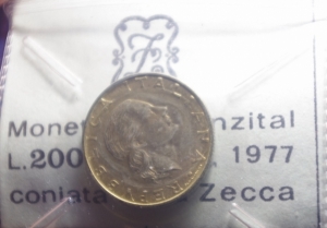 obverse: Repubblica Italiana. 200 lire 1977 Prova, ITALIA AL LAVORO, in confezione zecca. BR. RR. FDC.***