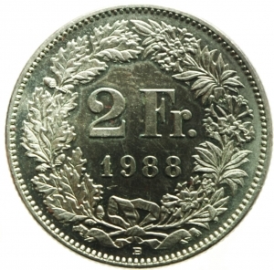 reverse: Monete Estere.Svizzera.2 Franchi 1988.SPL