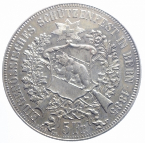 reverse: Monete e Medaglie Estere. Svizzera-Berna. 5 franchi 1885 Tiri Federali. KM S17. AG. SPL.***