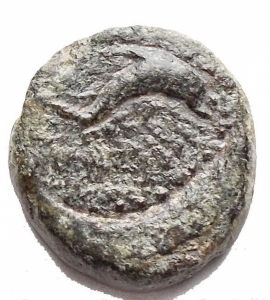 obverse: Varie - Greek Antiquity. Solus. Ae. 2 ° - 1 ° Sec BC. d / COΛONTINΩN Dolphin jumping to ds r / Tuna swimming to ds. 2.40 gr. HGC 2, 1269; CNS I, 17. VF. Green patina. Rare