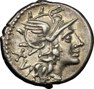 obverse: L. Julius.. AR Denarius, 141 BC