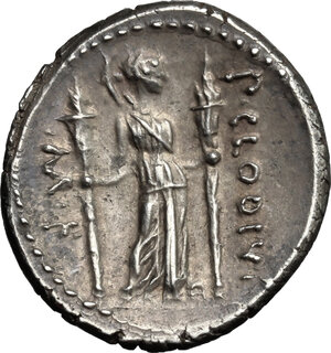 reverse: P. Clodius M.f. Turrinus.. AR Denarius, 42 BC