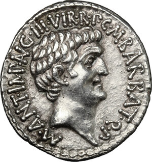 obverse: Mark Antony and Octavian with M. Barbatius.. AR Denarius, mint moving with M. Antony, 41 BC