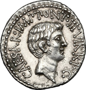 reverse: Mark Antony and Octavian with M. Barbatius.. AR Denarius, mint moving with M. Antony, 41 BC