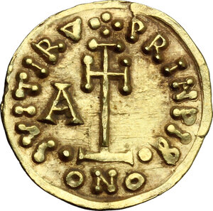 reverse: The Lombards at Beneventum. Arichis II, as Princeps (774-787).. AV Tremissis