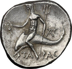 reverse: Southern Apulia, Tarentum. AR Nomos, c. 240-228 BC. Daimachos magistrate