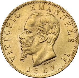 obverse: Vittorio Emanuele II  (1861-1878). 20 lire 1867 Torino