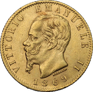 obverse: Vittorio Emanuele II  (1861-1878).. 20 lire 1869 Torino
