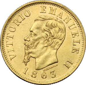 obverse: Vittorio Emanuele II  (1861-1878). 10 lire 1863 Torino