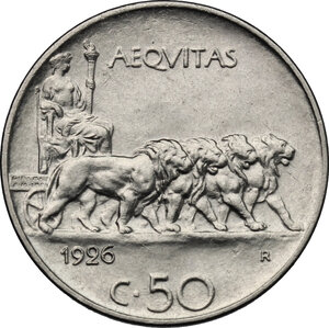 reverse: Vittorio Emanuele III (1900-1943). 50 centesimi 1926, contorno liscio