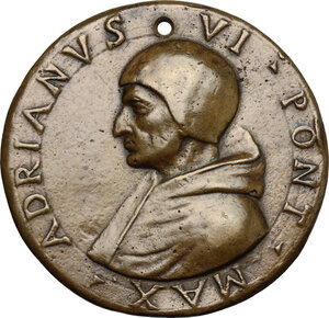 obverse: Adriano VI (1522-1523), Adriaan Florenszoon Boeyens.. Medaglia di restituzione fusa, fine XVI sec