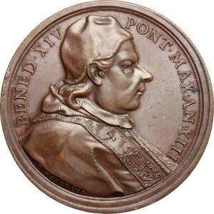 obverse: Benedetto XIV (1740-1758), Prospero Lambertini.. Medaglia annuale, A. XIII, per la regolazione dei confini di stato del Vaticano e della Repubblica di Venezia