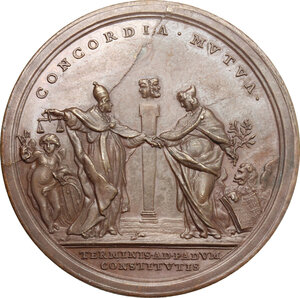 reverse: Benedetto XIV (1740-1758), Prospero Lambertini.. Medaglia annuale, A. XIII, per la regolazione dei confini di stato del Vaticano e della Repubblica di Venezia