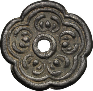 obverse: Cambodia.  Khmer Empire (802–1431). Lead cinquefoil shape unit with floreal patterns