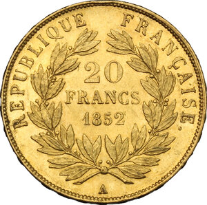 reverse: France.  Second Republic (1848-1852), Louis Napoleon Bonaparte President. 20 francs 1852