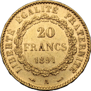 reverse: France.  Third republic (1871-1940).. 20 francs 1891