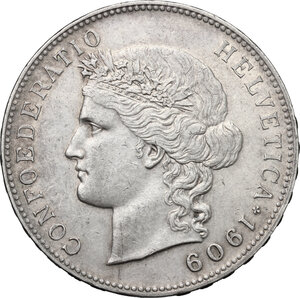 obverse: Switzerland.  Swiss Confederation (1848- ). 5 Francs 1909