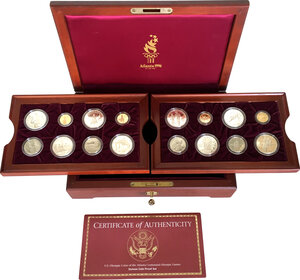 obverse: USA.  Atlanta Centennial Olympic Games 1996.. 16 Olympic Coin Coca Cola proof Set: 4 x Proof Gold Five Dollar Coins, 8 x Proof Silver One Dollar Coins, 4 x Proof Cupronickel Coins. In the original wood box