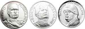 obverse: Benito Mussolini (1883-1945).. Astuccio contenente tre medaglie celebrative per il centenario della nascita del Duce