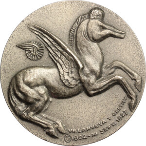 reverse: Fabbrica Pirelli.. Medaglia per i collaboratori dello stabilimento Pirelli di Villanueva y Geltru, per i 20 anni di attività: 1902-1927