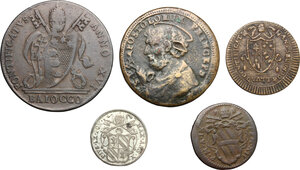 obverse: Lotto di 5 monete papali, Roma: quattrino 1738, 5 baiocchi 1856, quattrino 1802, 2 e mezzo baiocchi 1796 (Fermo), Baiocco 1816
