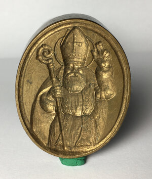 obverse: Sigillo con figura di Santo (Sant Agostino?) in ottone, con manico di legno, XVIII sec