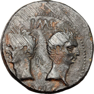 obverse: Augustus (27 BC - 14 AD) with Agrippa (died 12 BC).. AE As, Nemausus mint, Gaul
