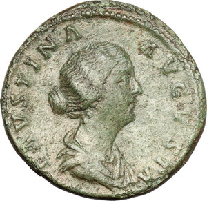 obverse: Faustina II, wife of Marcus Aurelius (died 176 AD).. AE Sestertius, struck under Antoninus Pius