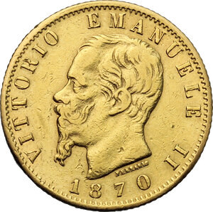 obverse: Vittorio Emanuele II, Re d Italia (1861-1878).. 20 lire 1870 Torino
