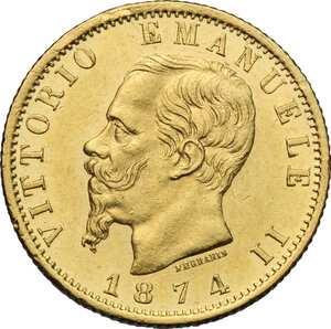 obverse: Vittorio Emanuele II, Re d Italia (1861-1878).. 20 lire 1874 Roma
