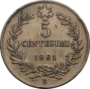 reverse: Vittorio Emanuele II, Re d Italia (1861-1878).. 5 centesimi 1861 Bologna