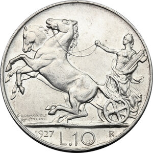 reverse: Vittorio Emanuele III (1900-1943). 10 lire 1927 due rosette