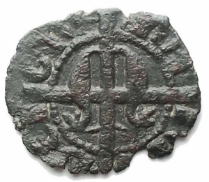 obverse: Zecche Italiane - Messina. Maria e Martino (1396-1402). Denaro con M gotica su croce e corona. MIR 218. AE. gr 0,35. BB