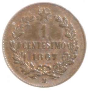 reverse: Casa Savoia. Vittorio Emanuele II. 1 Centesimo 1867. Milano. Rame. Peso 1,00 gr. Diametro 15 mm. SPL+.