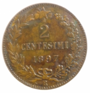 reverse: Casa Savoia. Umberto I. 2 Centesimi 1897. Peso 2,00 gr. Diametro 20 mm. Pagani 622.BB+.