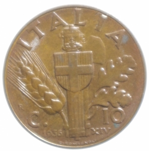 obverse: Casa Savoia. Vittorio Emanuele III. 1900-1943. 10 centesimi 1936  Impero . CU. Pag. 883. Mont. 348. qFDC. NC.